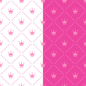 Vector seamless pattern with dots and crowns in pink color for wrapping paper, wallpapers and greeting cards. Princess print