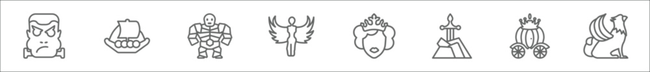 outline set of fairy tale line icons. linear vector icons such as frankenstein, viking ship, , harpy, queen, excalibur, cinderella carriage, griffin - obrazy, fototapety, plakaty