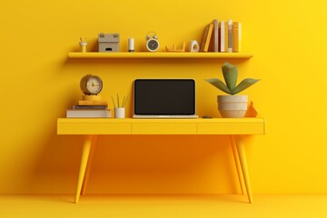 Yellow shelf with laptop computer. Generative AI