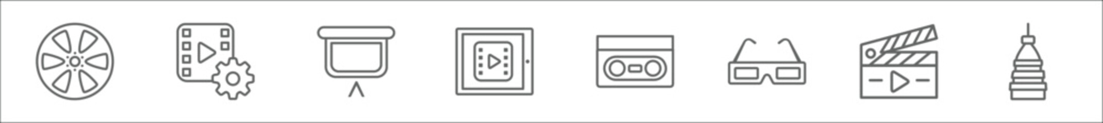 outline set of cinema line icons. linear vector icons such as film roll side view, video tings, fabric for movies, watching a video on a tablet, inclined videocaste, old 3d glasses, movie clapper,