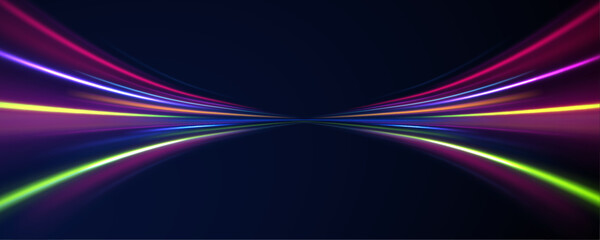 Red blue special effect, horizontal police line. Futuristic neon light line trails. bright sparkling background. Purple glowing wave swirl, impulse cable lines. Long time exposure. Vector.	