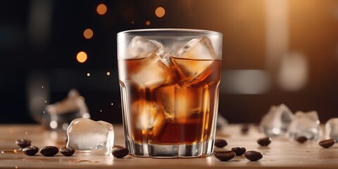 a glass of coffee mixed with ice cubes on a black background. generative AI - obrazy, fototapety, plakaty