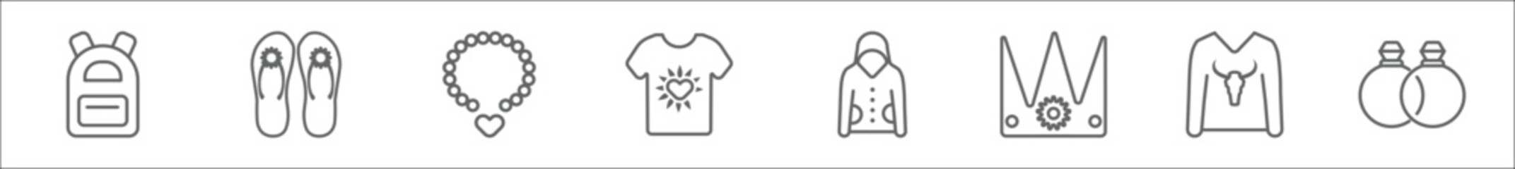 outline set of fashion line icons. linear vector icons such as book bag, pair sandals, accesory, t shirt with heart, sweater with pocket, royal, man printing, fiance
