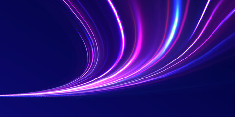 Neon motion glowing wavy lines. Abstract technology light lines background 3d. Glitter blue wave light effect. Magic golden luminous glow design. Vector illustration.	