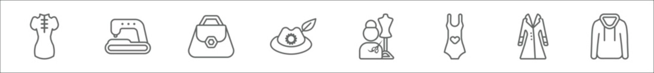 outline set of fashion line icons. linear vector icons such as cheongsam, electrical appliances, purses, german hat with small feather, tailor, women swimsuit, women coat, sweater with hood