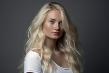 Naklejka premium Portrait of a Woman with Long Blonde Hair in a White Top, ai generative