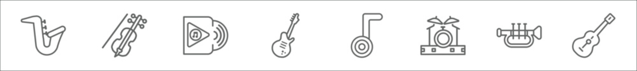 outline set of music line icons. linear vector icons such as blues, violoncello, album, bass guitar, musical note, drum, cornet, acoustic guitar - obrazy, fototapety, plakaty