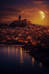 Moonlit Serenity: A Coastal Town Nestled Beneath a Majestic Castle, ai generative