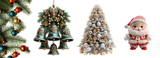 Adornos y ornamentos de Navidad sobre fondo transparente. Objetos y elementos navideños.