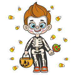 Cute cartoon boy in a Halloween skeleton costume with pumpkin for sweets color variation for coloring page on white background