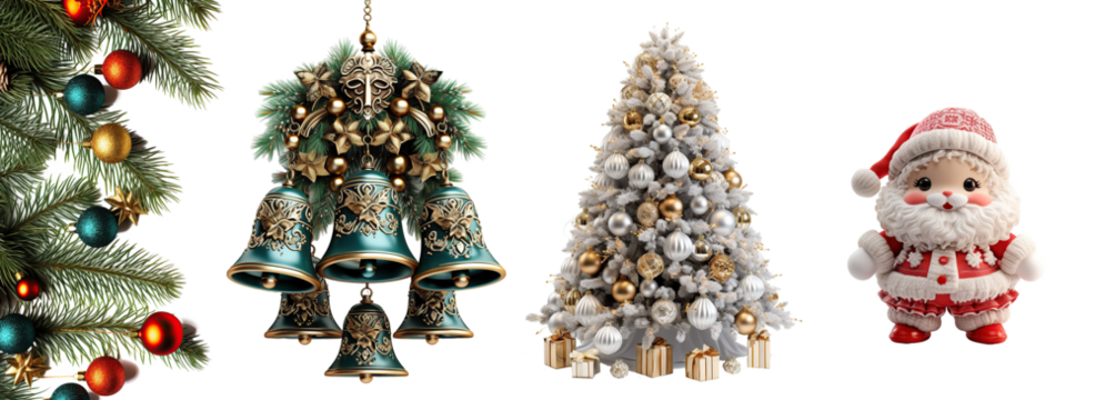 Adornos y ornamentos de Navidad sobre fondo transparente. Objetos y elementos navideños.