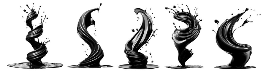 Black dark cream liquid paint ink splash swirl wave on transparent background cutout, PNG file. Many assorted different design. Mockup template for artwork graphic design