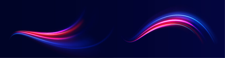 Abstract long exposure dynamic speed light trails background. Generative ai. Abstract neon motion glowing wavy lines. Futuristic technology concept. Vector illustration.	