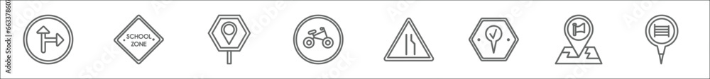 Poster outline set of maps and flags line icons. linear vector icons such as left side road, school zone, p