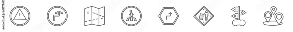 Poster outline set of maps and flags line icons. linear vector icons such as caution, right reverse curve, 