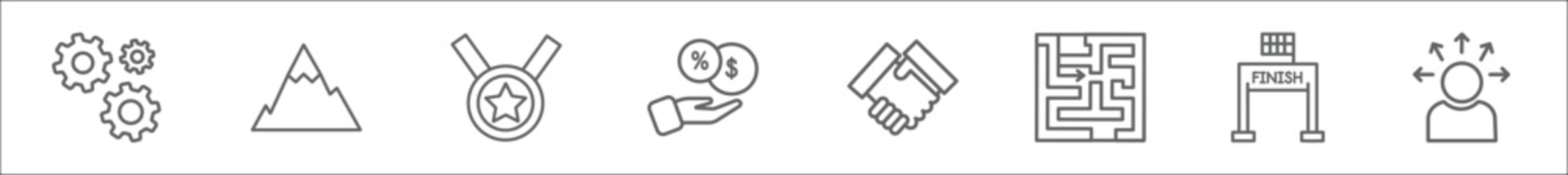 outline set of startup line icons. linear vector icons such as gears, peak, gold medal, commission, cooperation, strategy in a labyrinth, finish line, attitude