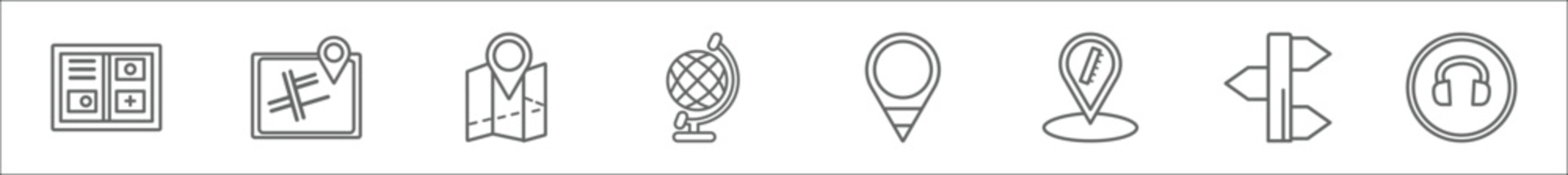 outline set of maps and flags line icons. linear vector icons such as flags, street, location mark on printed map, earth gobe, location marker, women hairstylist, divarication, ear protection