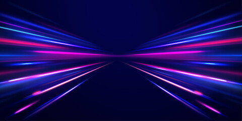 Expressway, the effect of car headlights. Low-poly construction of fine lines. Blue background. Elegant bright neon linear wave.