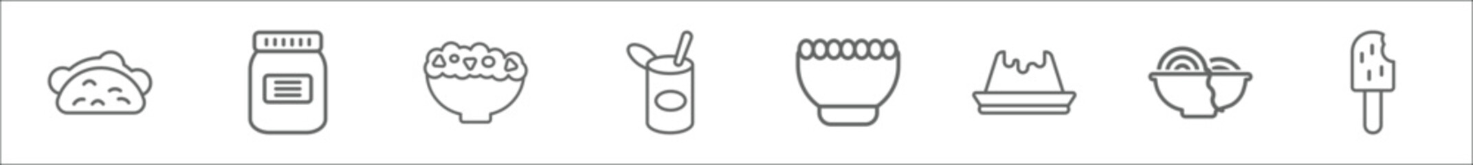 outline set of bistro and restaurant line icons. linear vector icons such as pita bread, mermelade jar, appetizers bowl, open tin with spoon, bowl of olives, creme caramel, spaghetti bolognese, ice