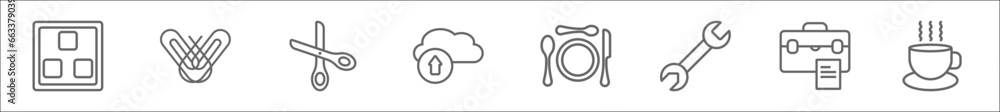 Poster outline set of tools and utensils line icons. linear vector icons such as basic square, attachments,