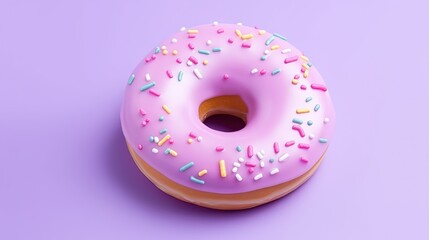  a pink donut with sprinkles on a purple background.  generative ai
