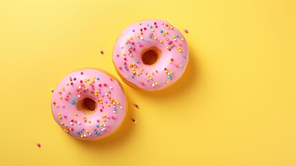  two pink donuts with sprinkles on a yellow background.  generative ai