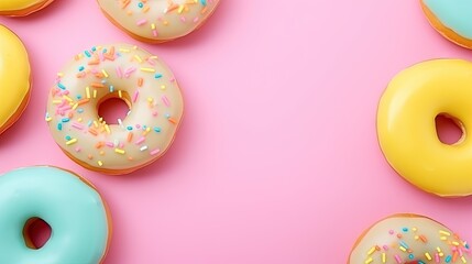  a group of doughnuts with sprinkles on a pink background.  generative ai