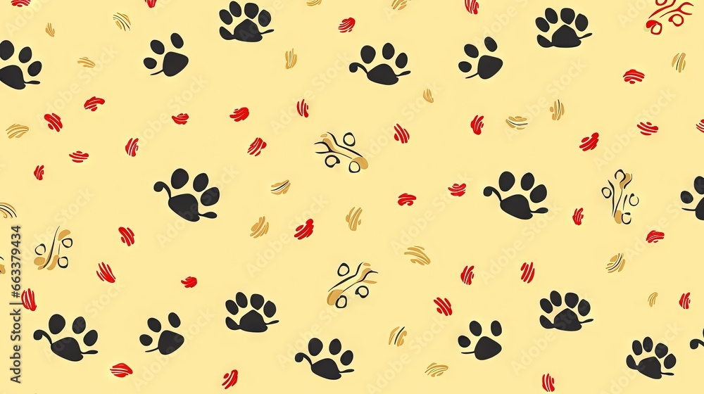 Poster a yellow background with black and red paw prints on it. generative ai
