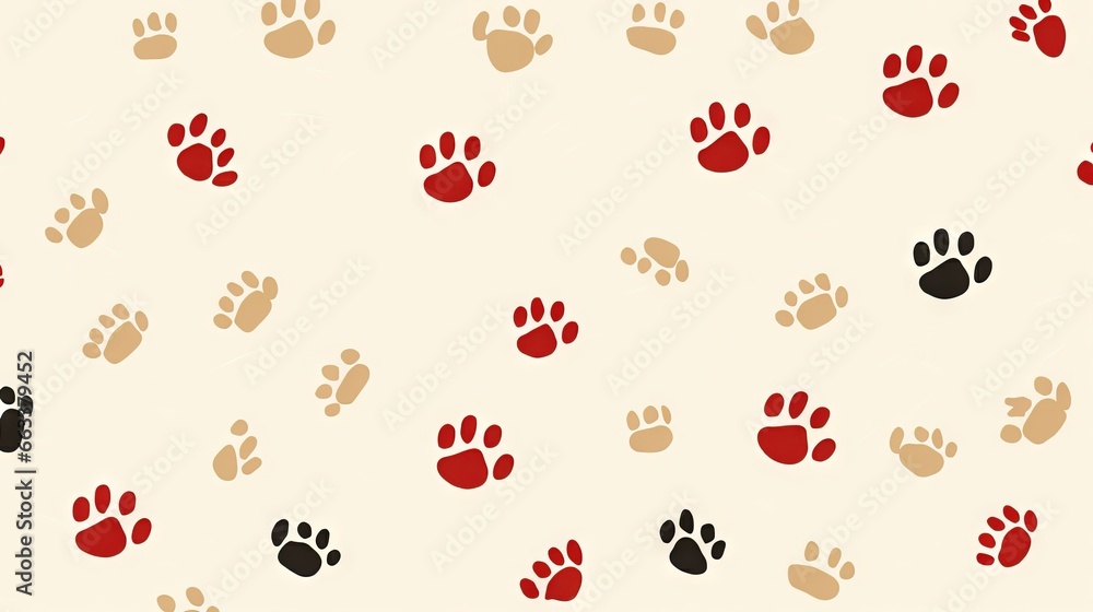 Aufkleber a pattern of red and black paw prints on a white background. generative ai