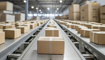 cardboard boxes on conveyor roller in distribution warehouse delivery and packaging service