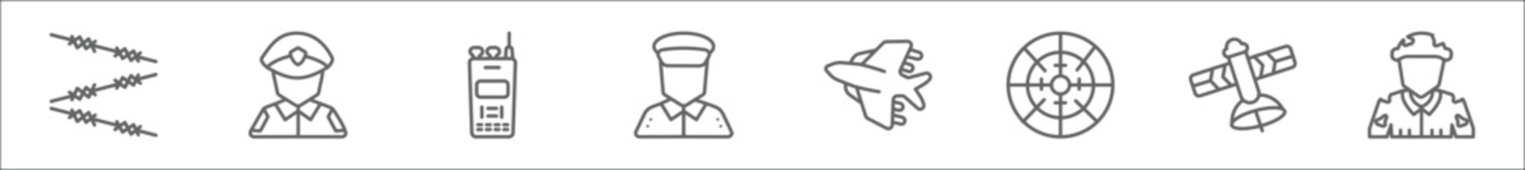outline set of army and war line icons. linear vector icons such as barbed, officer, two way radio, lieutenant, fighter plane, militar radar, military satellites, conscription - obrazy, fototapety, plakaty