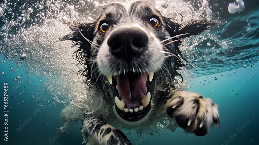 Poster a freediver dog dives in clear water in summer.