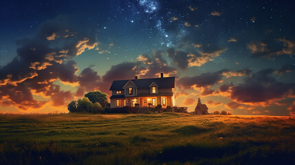 Fototapeta premium landscape panorama lonely house cottage under the starry sky.