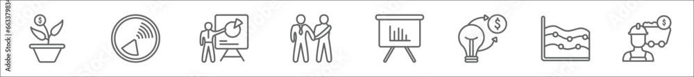 Poster outline set of business line icons. linear vector icons such as money investment, pie graphic compar