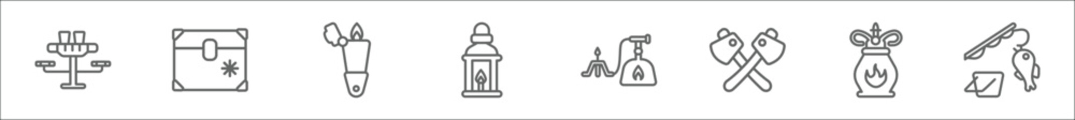 Obraz premium outline set of camping line icons. linear vector icons such as picnic, freezer, lighter, fire lamp, cooking gas, axes, gas, fishing