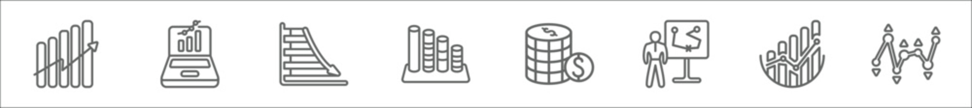outline set of business line icons. linear vector icons such as ascendant graph, laptop analysis, data analytics descendant graphic, cylindrical data graphic, one dollar coins, person explaining
