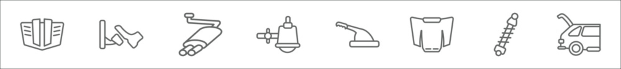 outline set of car parts line icons. linear vector icons such as car hood, car pedal, exhaust, sump, handbrake, bonnet, suspension, boot