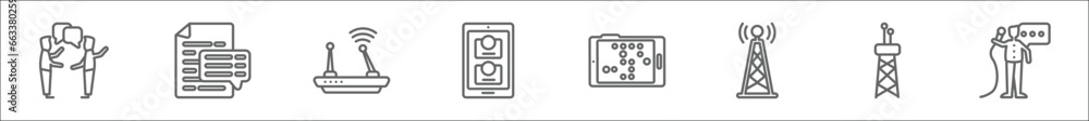 Poster outline set of communication line icons. linear vector icons such as talking, text lines, modem, con
