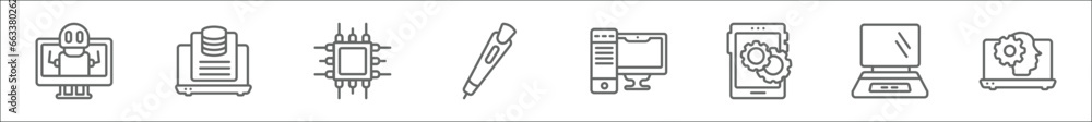 Poster outline set of computer line icons. linear vector icons such as robotic, data page, computer chip, 3