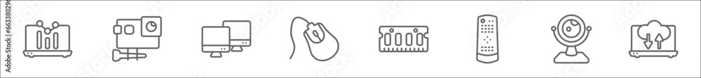 Poster outline set of computer line icons. linear vector icons such as laptop data analytics graphic on scr