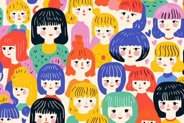 Bangs hairstyles quirky doodle pattern, wallpaper, background, cartoon, vector, whimsical Illustration