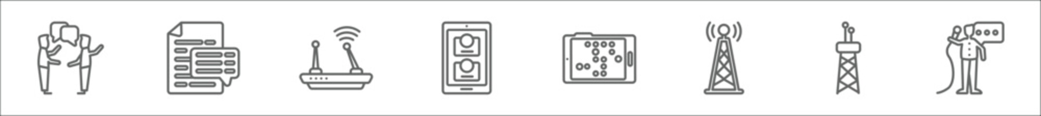 outline set of communication line icons. linear vector icons such as talking, text lines, modem, contacts, braille, transmitter, radio antenna, news reporter
