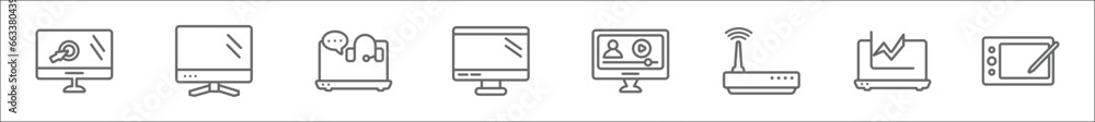 Poster outline set of computer line icons. linear vector icons such as monitor with mouse cursor, computer 