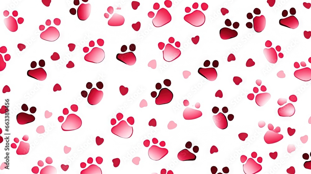 Poster a white background with red and pink hearts and a dog's paw print on it's left side and a red and wh