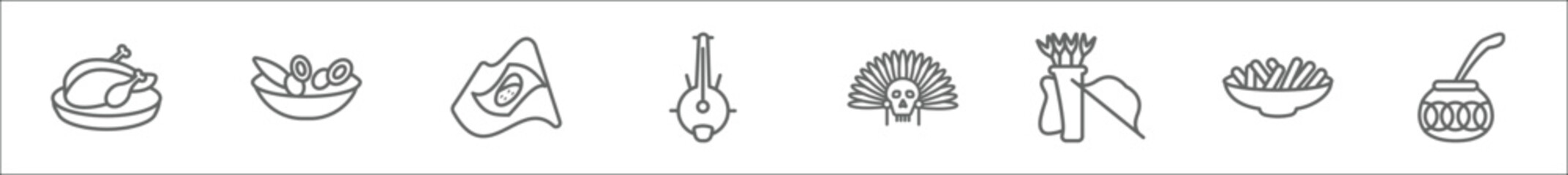 outline set of culture line icons. linear vector icons such as beijing roast duck, ensalada malaguena, brazil flag, kora, native american skull, native amertican arrows and quiver, beef and garlic, - obrazy, fototapety, plakaty