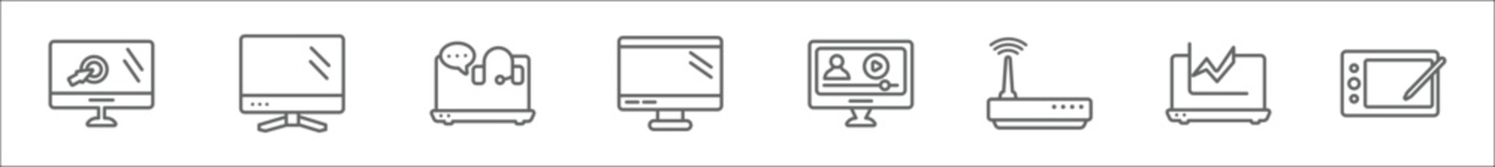 outline set of computer line icons. linear vector icons such as monitor with mouse cursor, computer monitor, online support, full computer, video lecture, wireless connectivity, laptop stream - obrazy, fototapety, plakaty