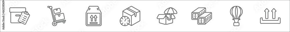 Poster outline set of delivery and logistic line icons. linear vector icons such as delivery list, logistic