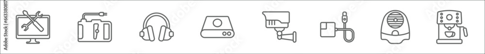 Poster outline set of electronic devices line icons. linear vector icons such as operating system, electric