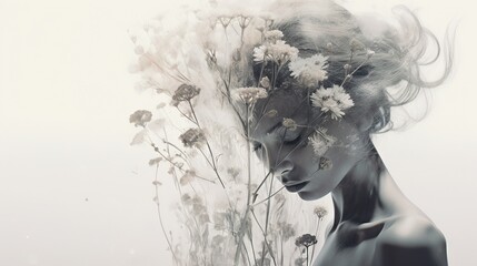  a woman with flowers in her hair and a white background.  generative ai