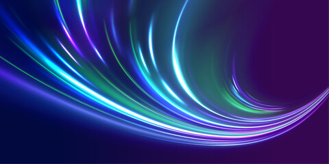 Fototapeta premium Acceleration speed motion on night road. Illustration of light ray, stripe line with blue light, speed motion background. Glitter blue wave light effect. 